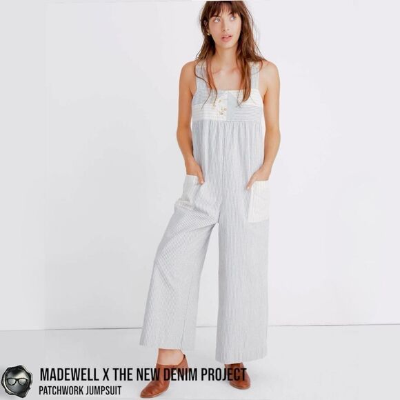 MADEWELL X THE NEW DENIM PROJECT PATCHWORK OVERALL JUMPSUIT BLUE RAILROAD STRIPE - Picture 2 of 16